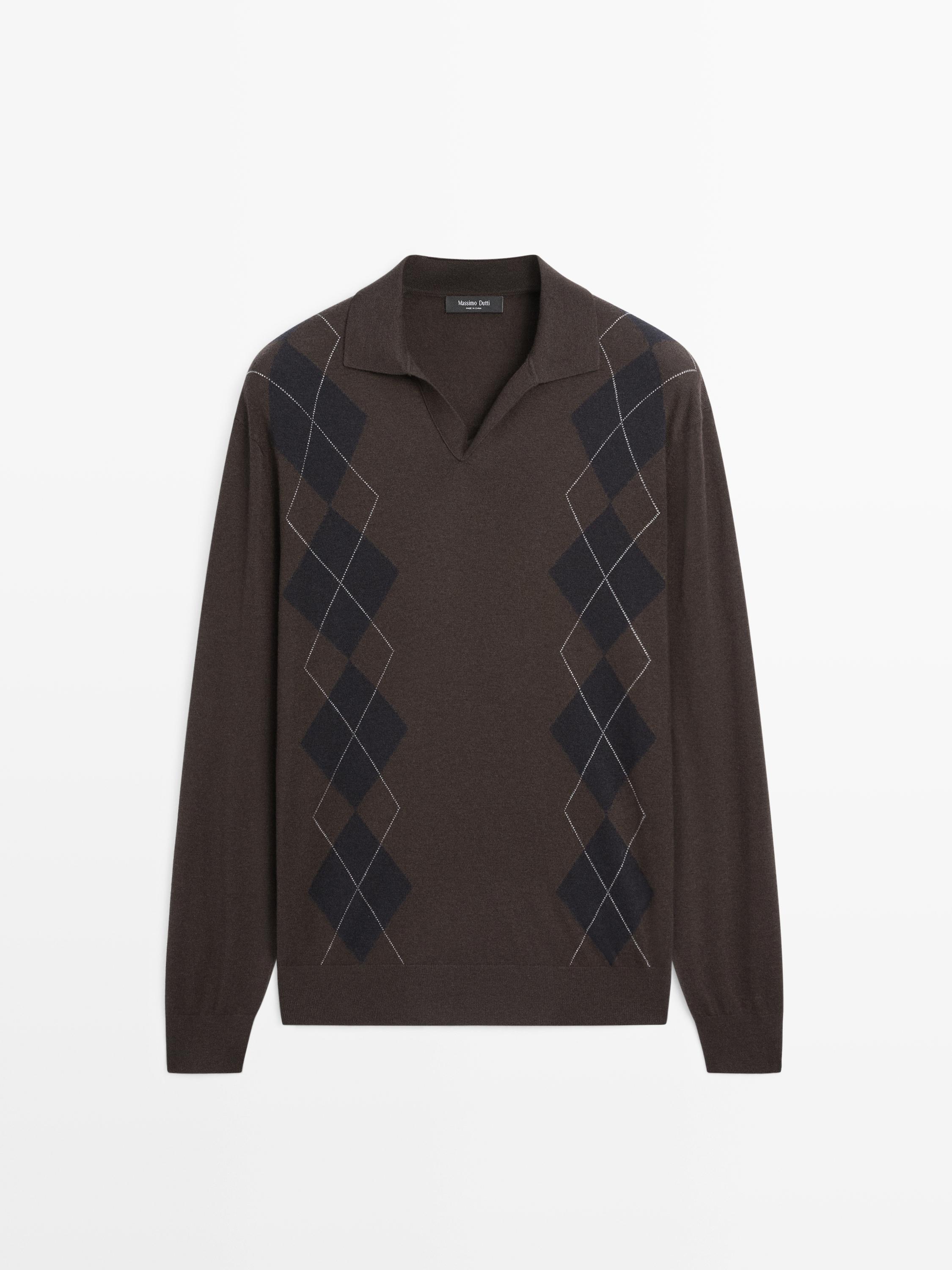 Вязаный свитер-поло из смесовой шерсти с узором аргайл Massimo Dutti, brown — фото 2