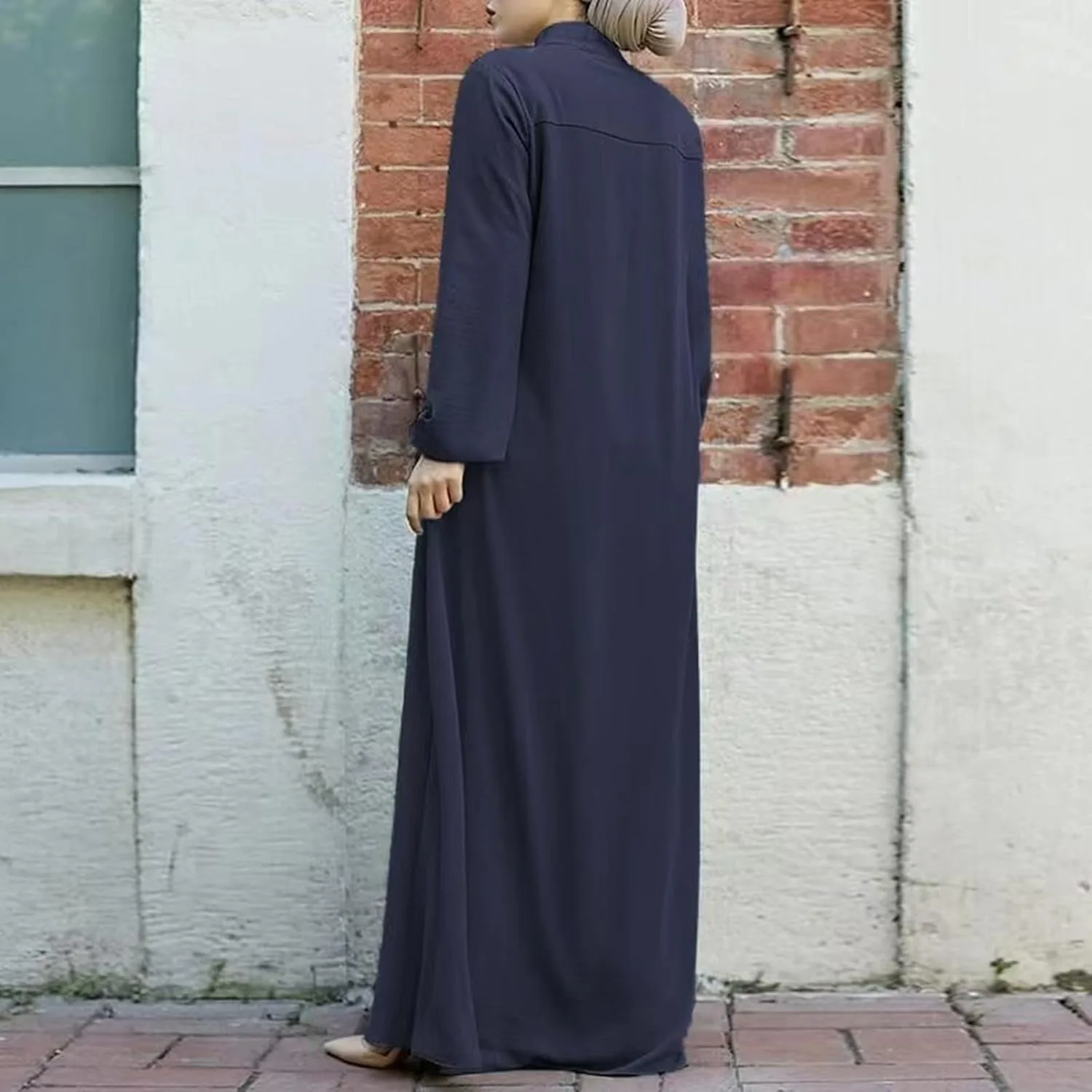 Абая для женщин Muslim Stand Collar с карманами, молнией и длинными рукавами, свободное макси-платье Dubai Robe Generic, темно-синий — фото 4