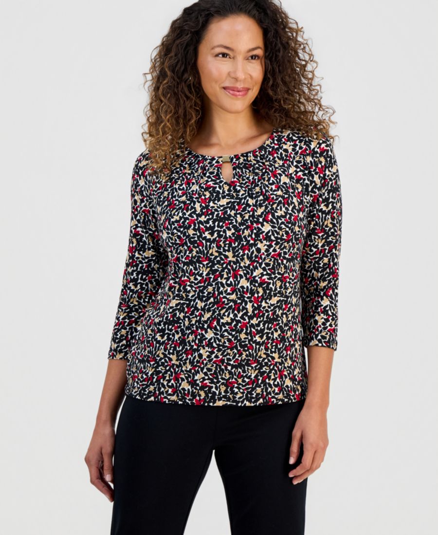 

Женская блузка с рукавами 3/4 и плиссированным воротником, стандартный и укороченный размеры Kasper, Vanilla Ice Multi