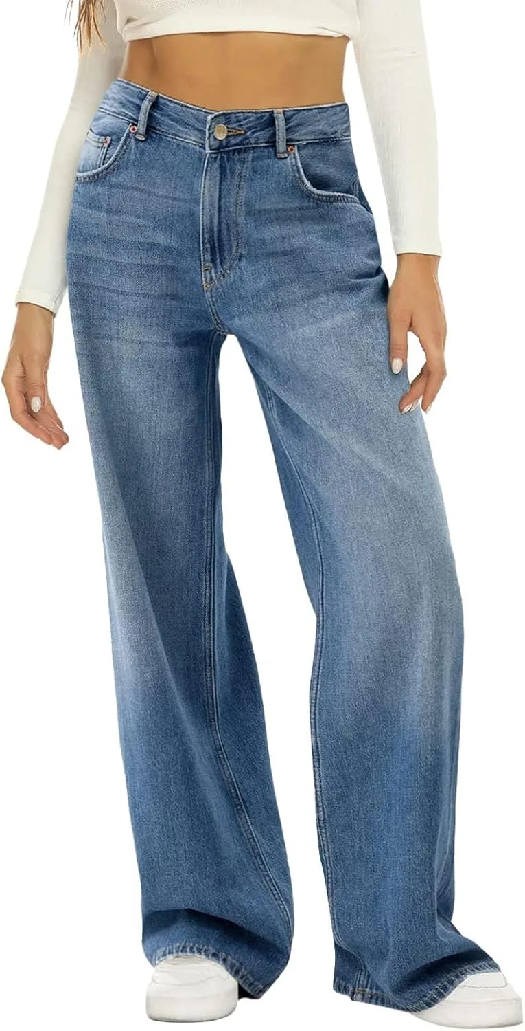 

Женские джинсы sweatpant 2024 осень модные прямые высокие широкие брюки baggy с карманом