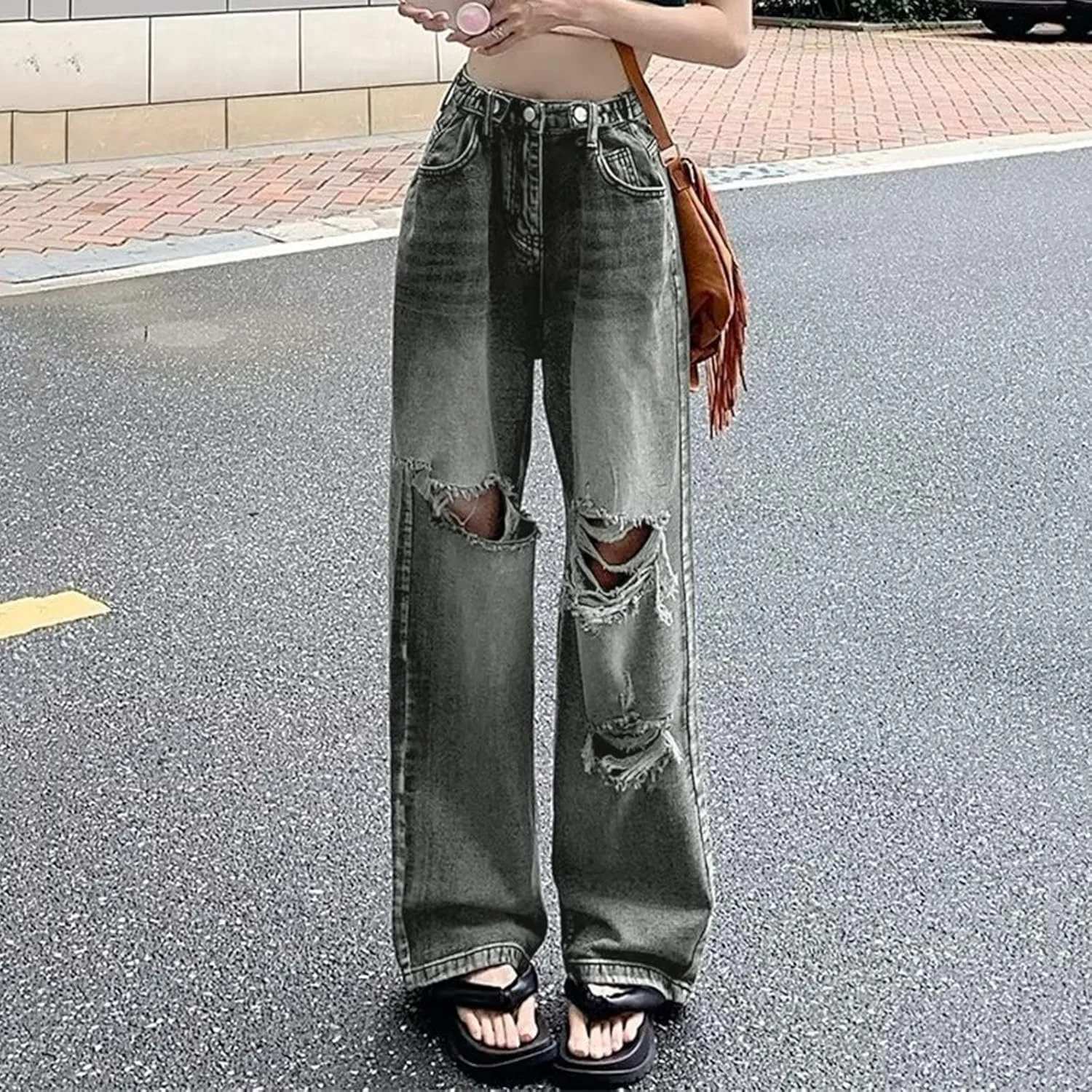 Женские джинсы baggy wide leg с потертостями в ретро стиле — фото 2