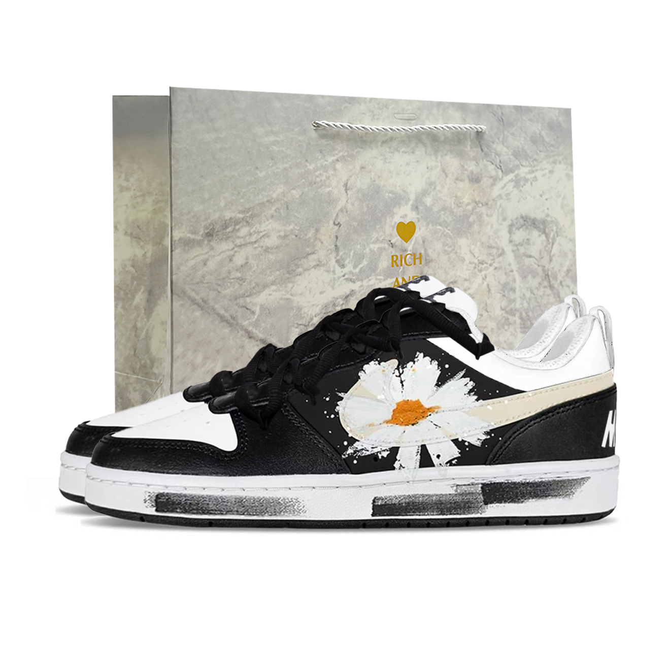 

Nike Детские скейтбордистские кроссовки Court Borough White Story Daisy с противоскользящей и износостойкой подошвой, низкие, черные и белые