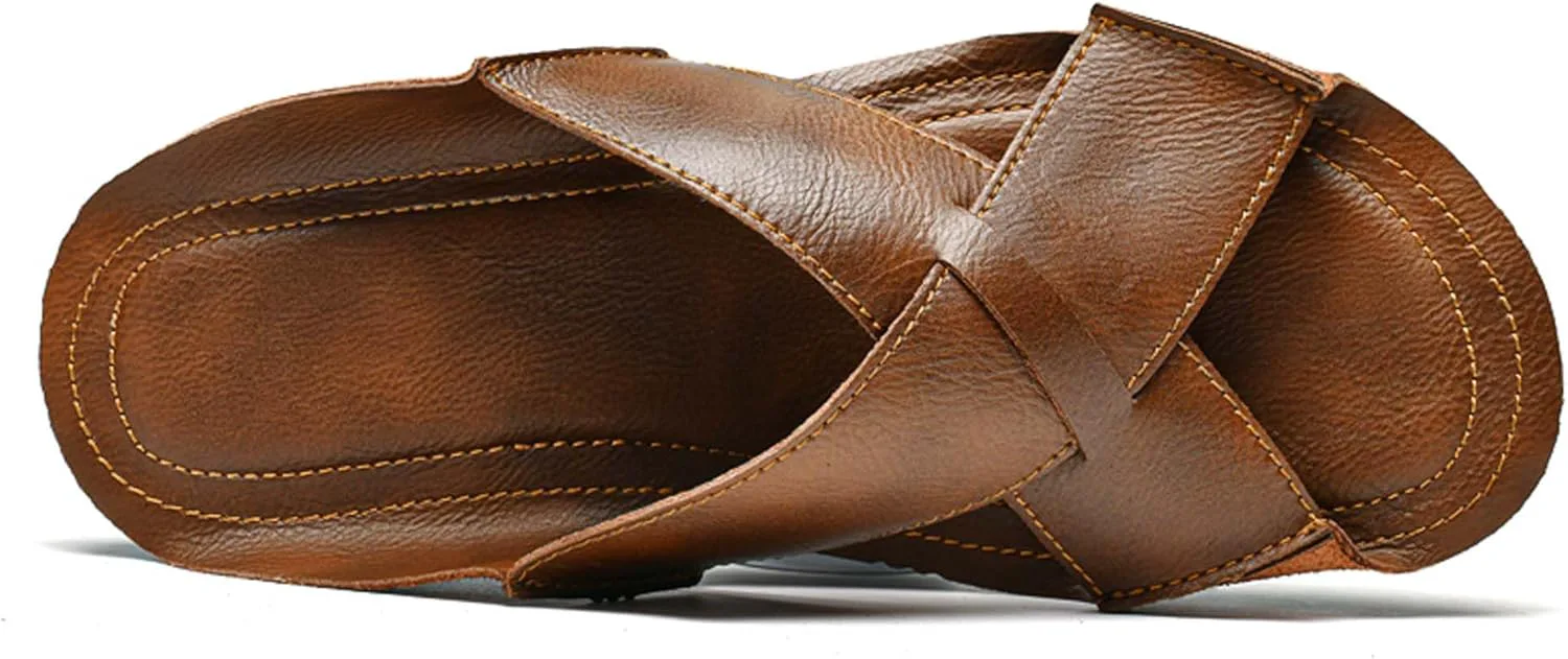 Men's leather fashion casual slides сандалии, comfortable lightweight non-slip soft bottom slide сандалии summer outdoor leisure beach сандалии，Premium leather slides Vtiao, коричневый — фото 4