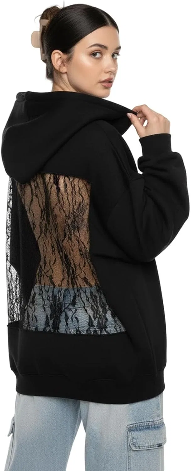 Худи женское с сетчатой спинкой, бренд Generic, цвет Lace Black — фото 4
