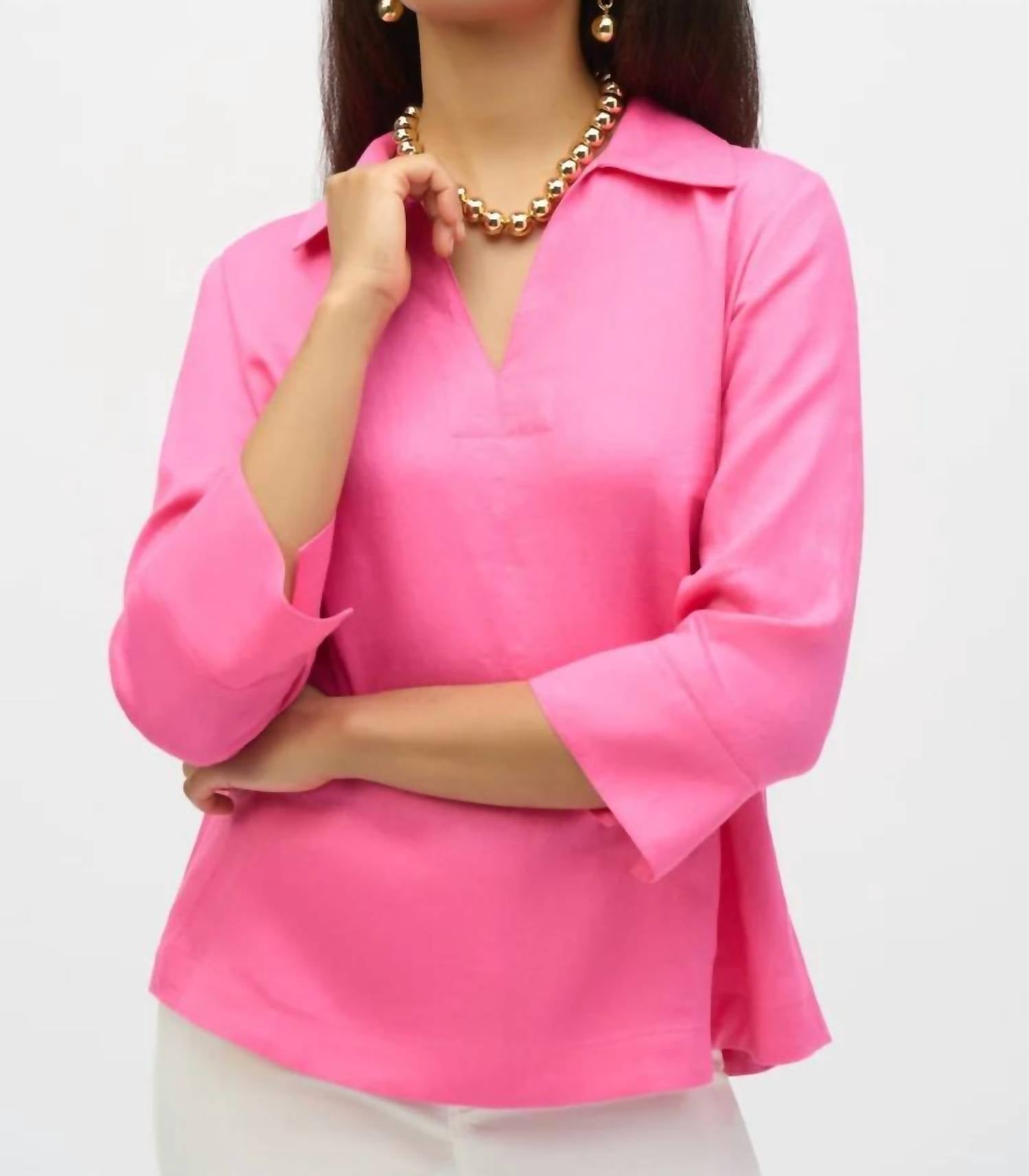 

Льняной свободный топ с воротником-стойкой цвета жевательной резинки Joseph Ribkoff, розовый