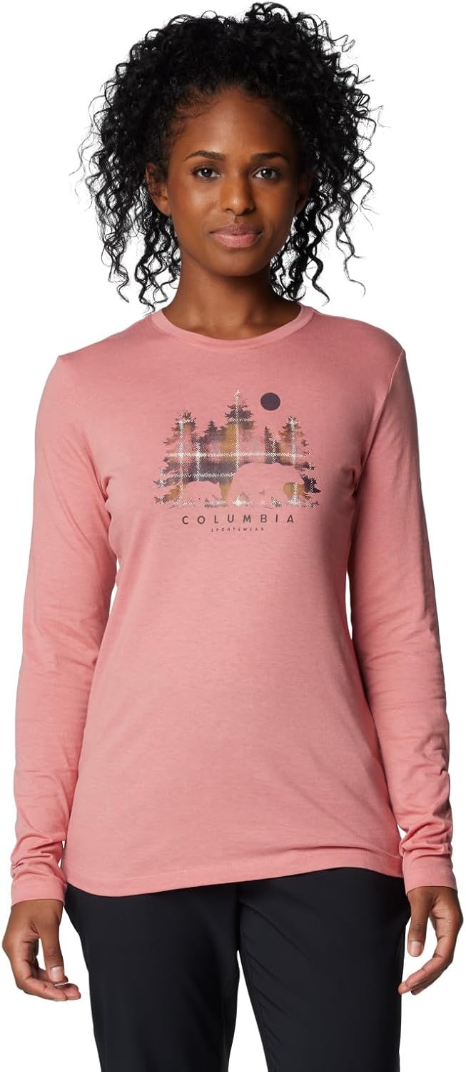 

Columbia Womens Hidden Haven Long Sleeve TeeФутболка с длинным рукавом для походов, Pink Agave/Treehome Omblur