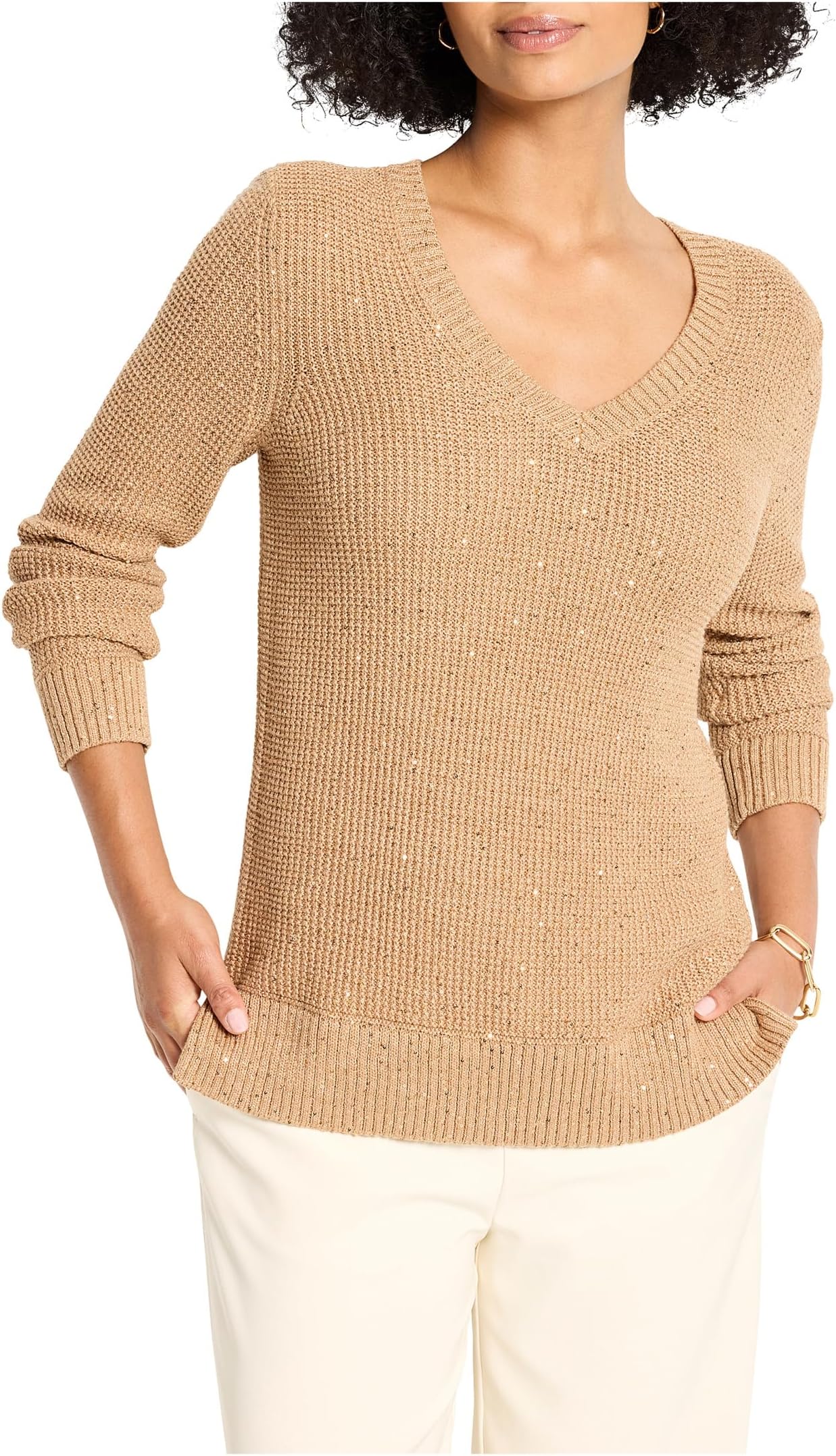 

Свитер NIC+ZOE Women's Shimmer Waffle V-neck Sweater, Copper Cream