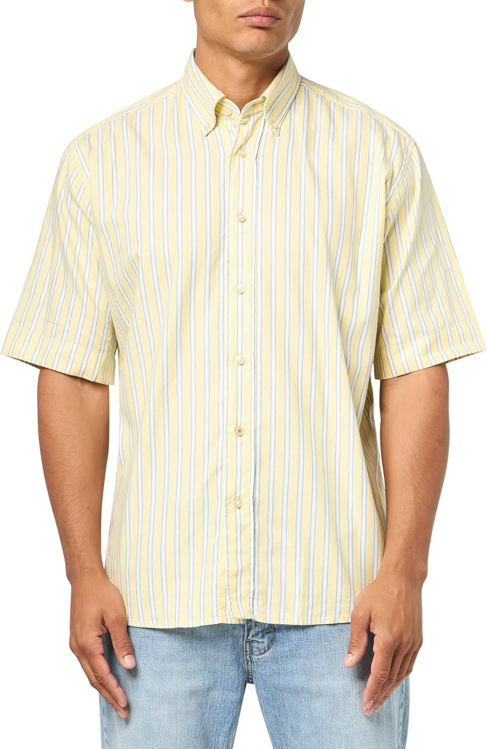 

BOSS Мужская свободная хлопковая рубашка с коротким рукавом на пуговицах, Goldfinch Yellow Stripe