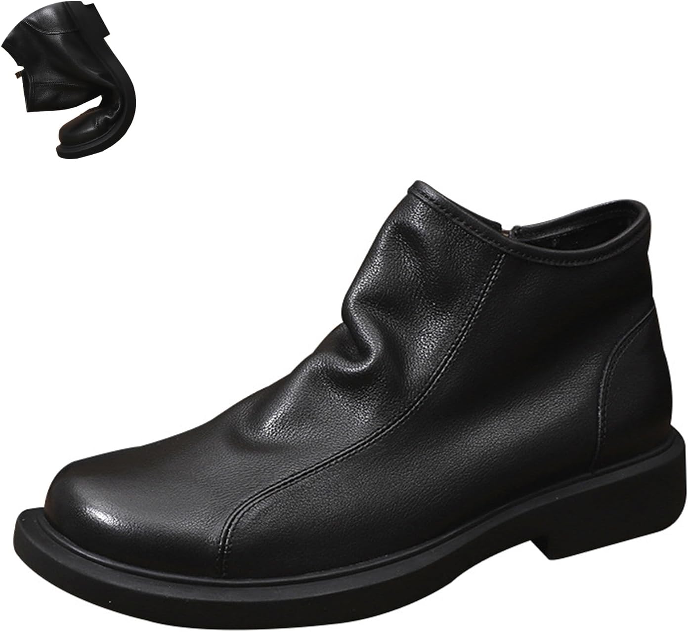 

Мужские ботинки из натуральной кожи с низким каблуком, закрытые на щиколотке, модный круглый носок, боковая молния, нескользящая мягкая подошва, челси для вождения, офиса и деловых встреч Forevercan, черный