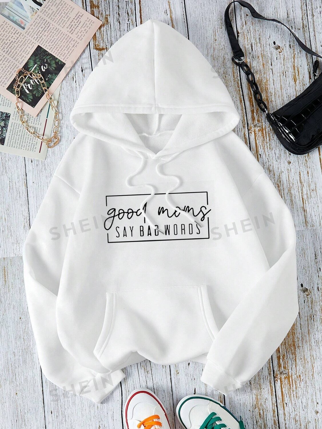 

Толстовка EZwear Plus, графический слоган, карман-кенгуру, кулиска, теплая подкладка Shein, белый