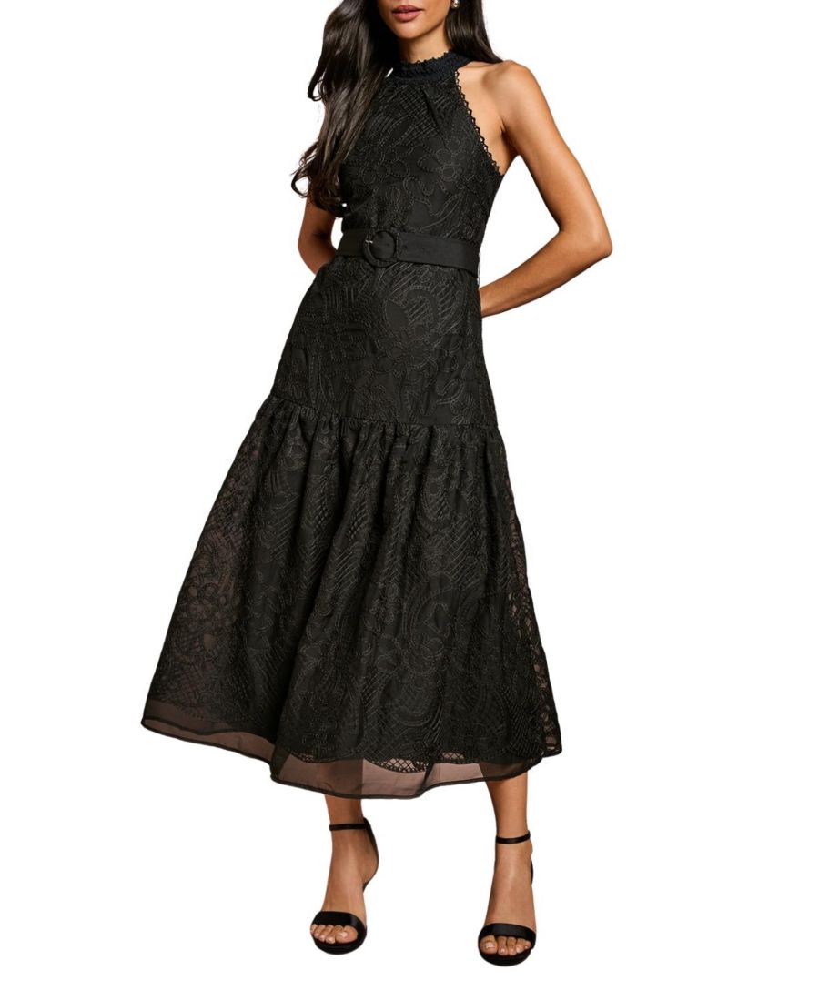 

Женское кружевное платье миди из органзы с поясом и завязками на шее Coast, Black