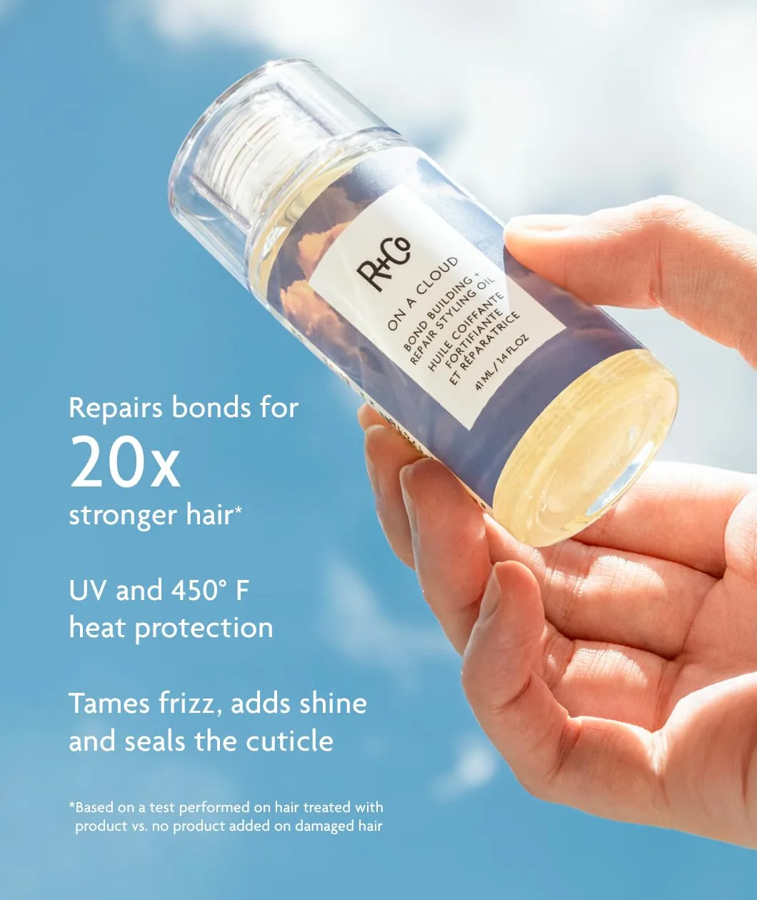 R+Co On a Cloud Bond Building Repair + Styling Oil - легкое безсиликоновое масло для волос против пушистости, блеска, защиты от тепла и ультрафиолета, укрепляет и восстанавливает все типы волос, 41 мл — фото 2