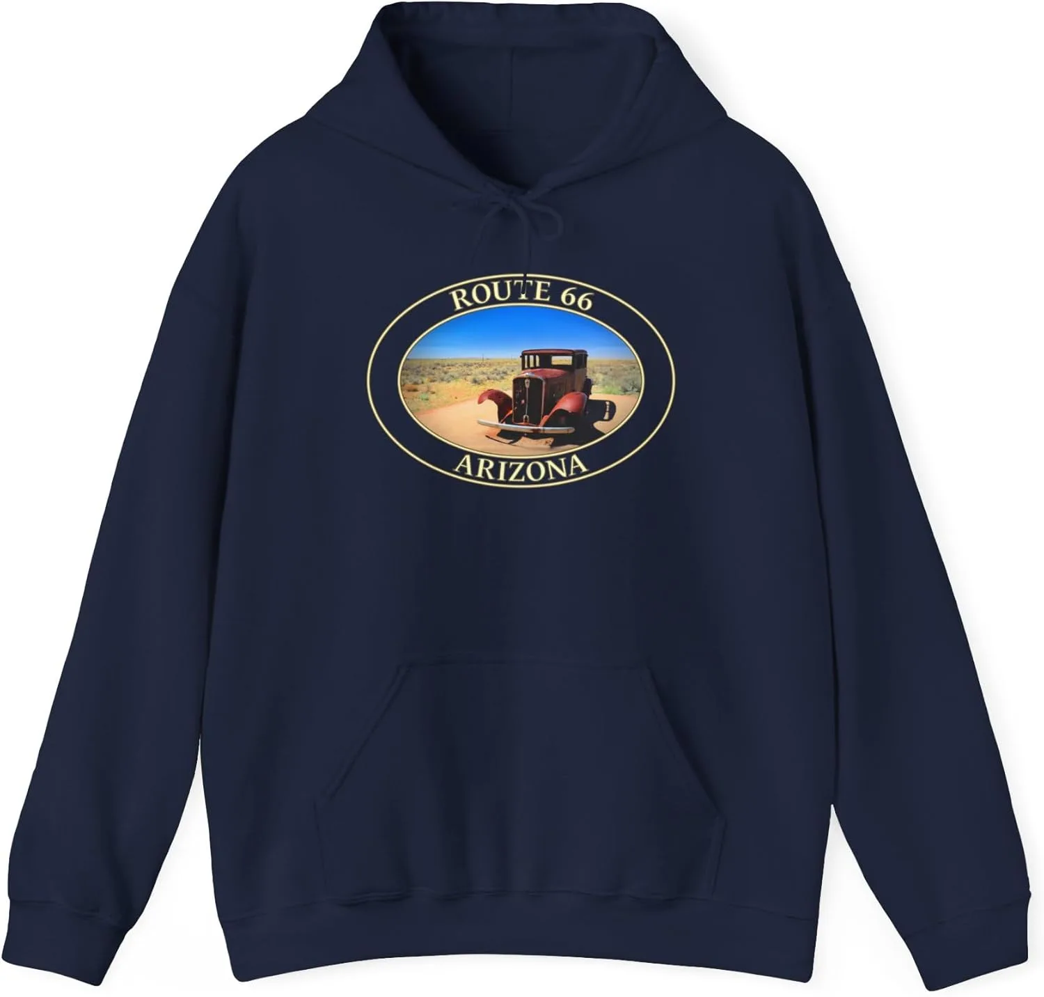 Толстовка Route 66 Arizona с изображением старинного автомобиля - GentleSeas Cozy Pullover Sweatshirt - Мягкая теплая флисовая толстовка для любителей путешествий GENERIC, темно-синий