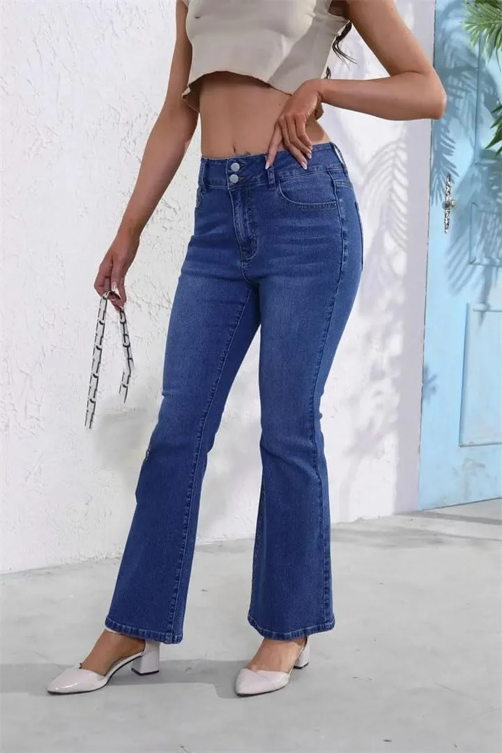 Generic Женские синие расклешенные джинсы Stretchy Slim Fit с двойной пуговицей и несколькими карманами — фото 2