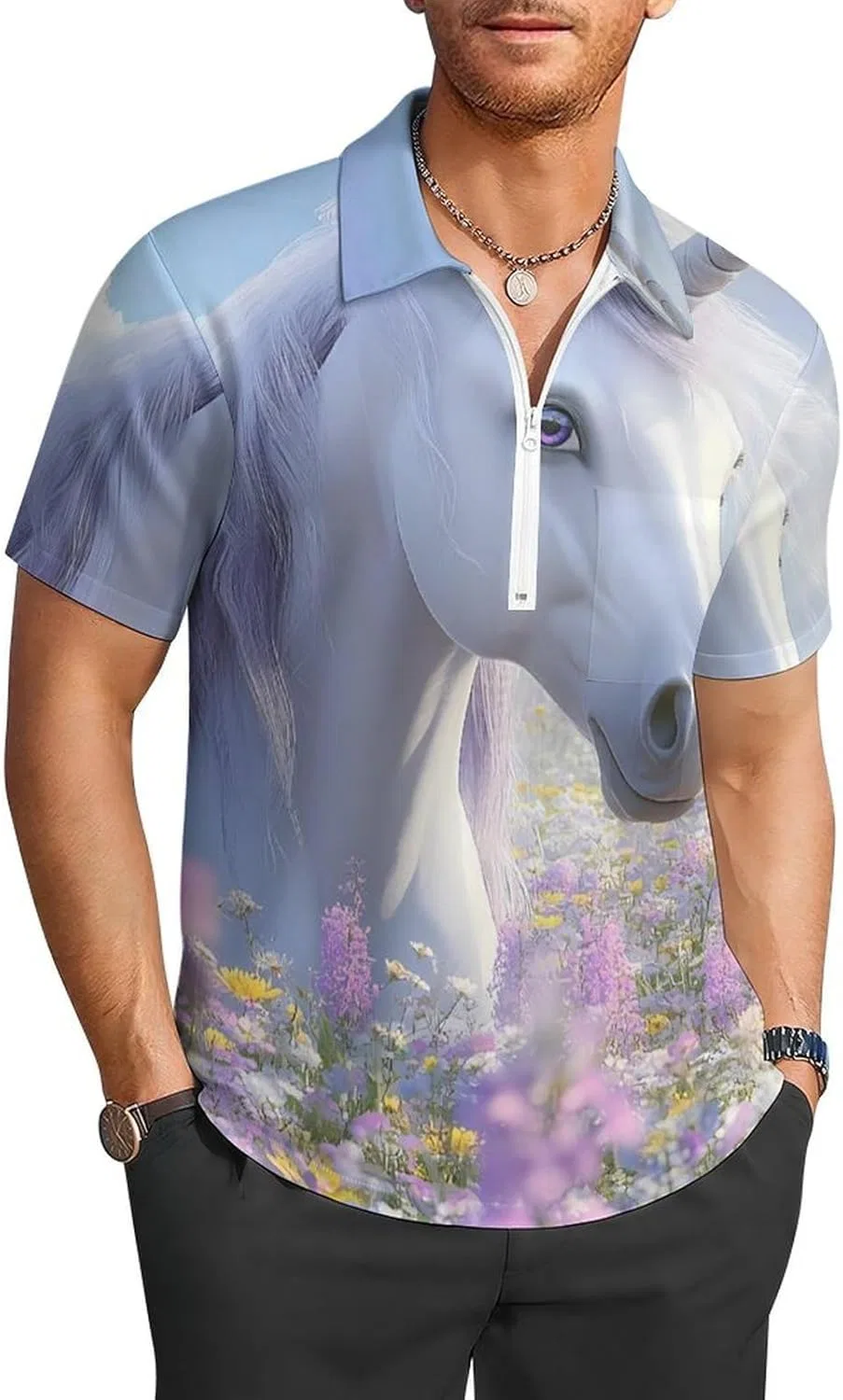Мужское поло с коротким рукавом, на молнии, с карманом, Un-icorn Flowers, Style