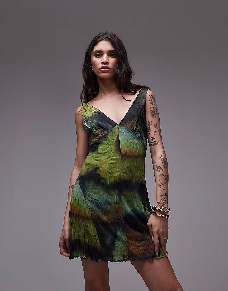 

Мини-платье Topshop из жатой сетки с V-образным вырезом в цвете «мульти»