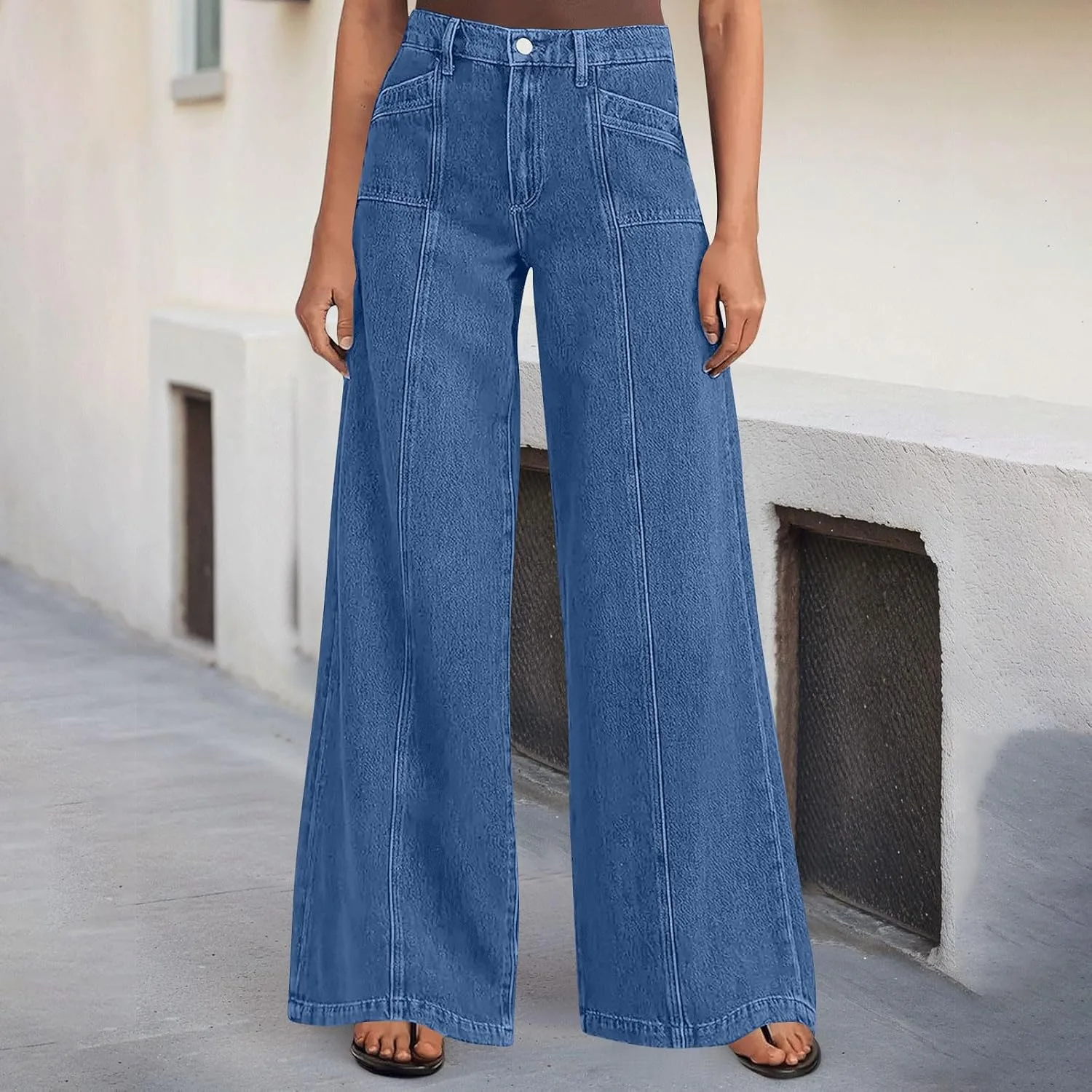Женские джинсы Wide Leg - Casual, расслабленный крой, высокая посадка, мешковатые, эластичные, мягкий комфортный хлопковый деним, с карманами — фото 2