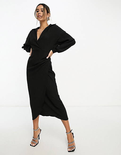 Черное фактурное платье миди с запахом и воротником ASOS DESIGN — фото 2