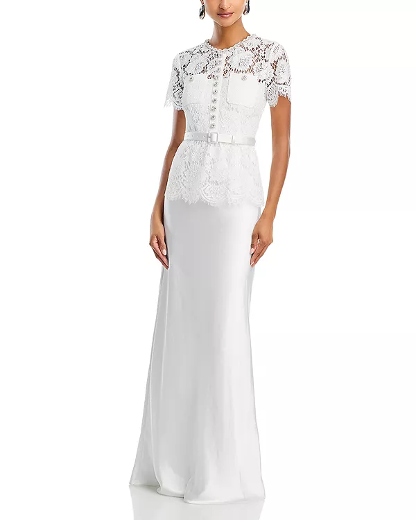 

Белое кружевное атласное платье макси Self-Portrait, белый