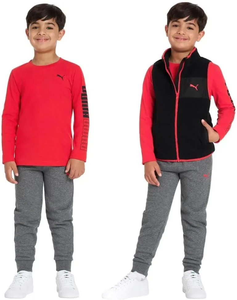 Детский комплект PUMA из 3 предметов: жилет, футболка с длинным рукавом и джоггеры, Red — фото 3
