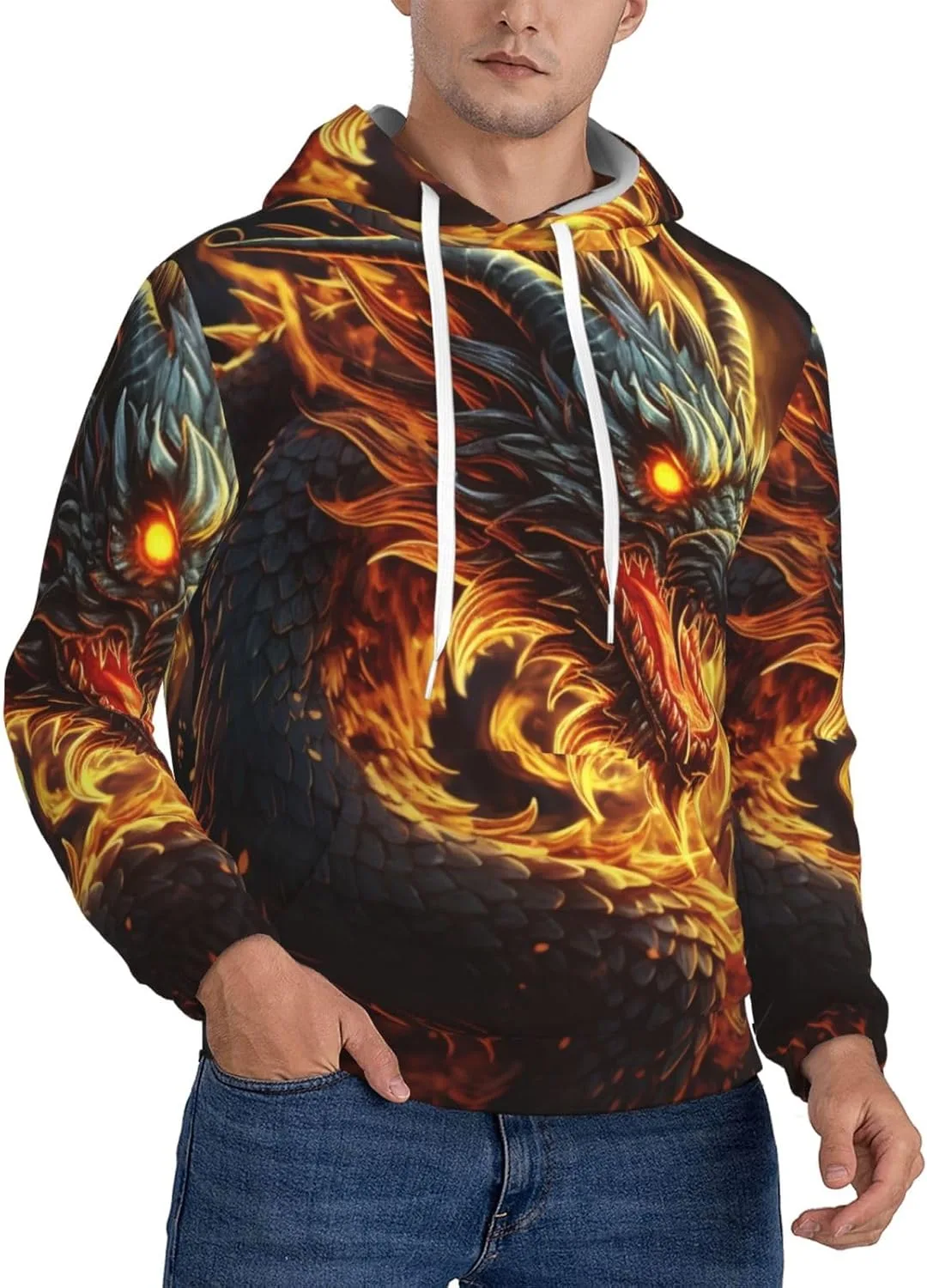 

Мужская флисовая толстовка с капюшоном, Casual с длинным рукавом и принтом Fire Chinese Dragon KKLWEGU