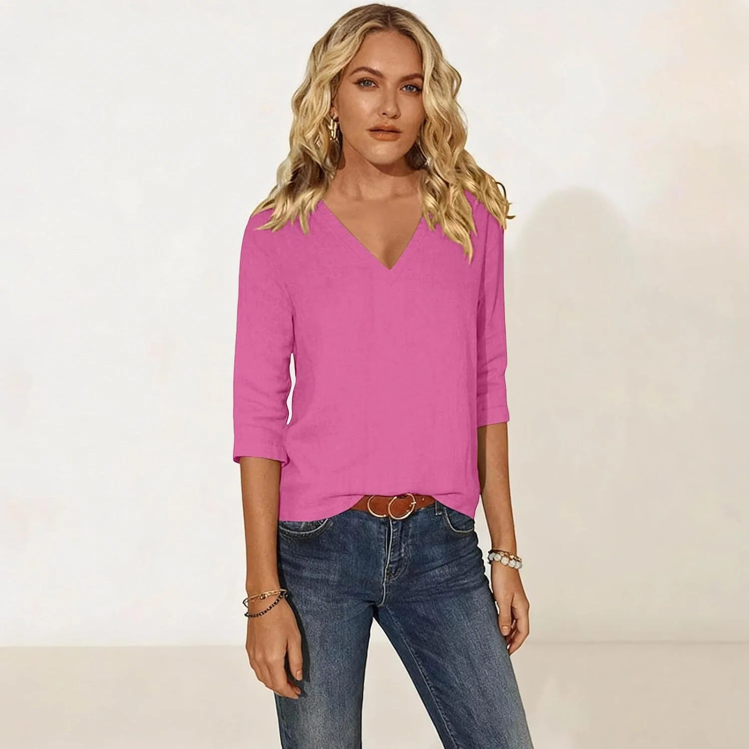 Футболка женская с V-образным вырезом и рукавом 3/4, Hot Pink — фото 3