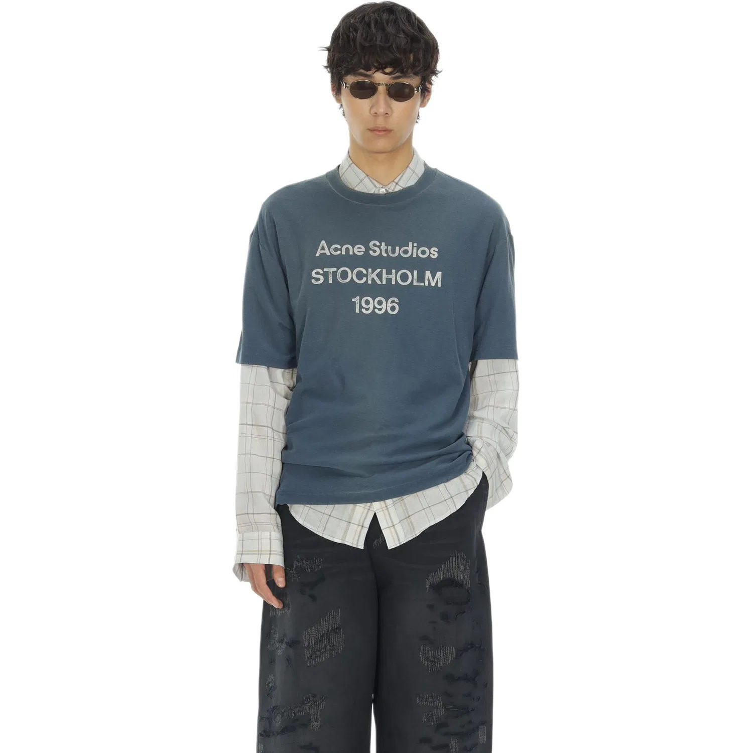 Футболка Acne Studios с круглым вырезом темно-синяя — фото 4