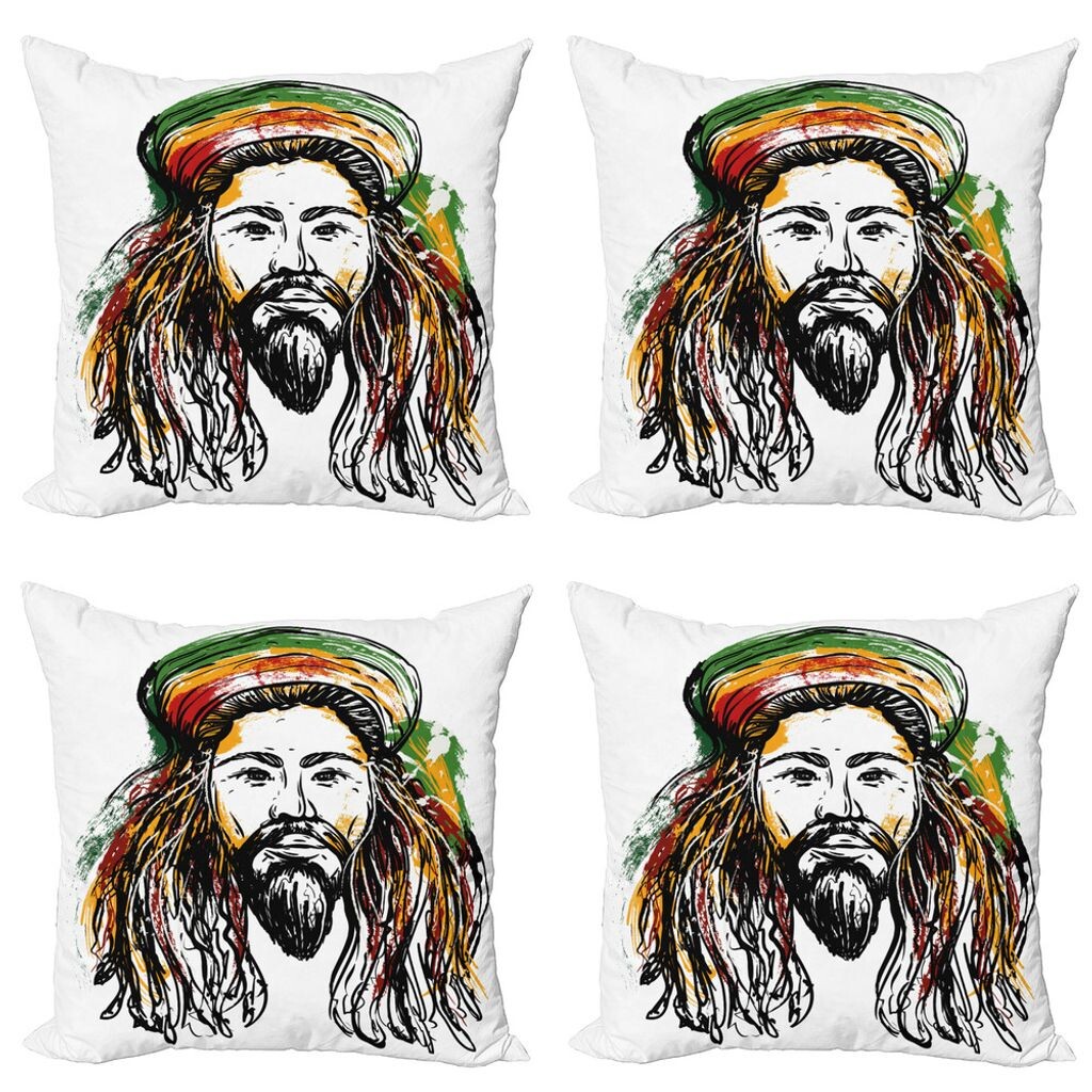 

ABAKUHAUS Rasta Набор чехлов для подушек (4 предмета), эскиз портрета раста-мужчины, современная двусторонняя цифровая печать, 50 см x 50 см, многоцветный