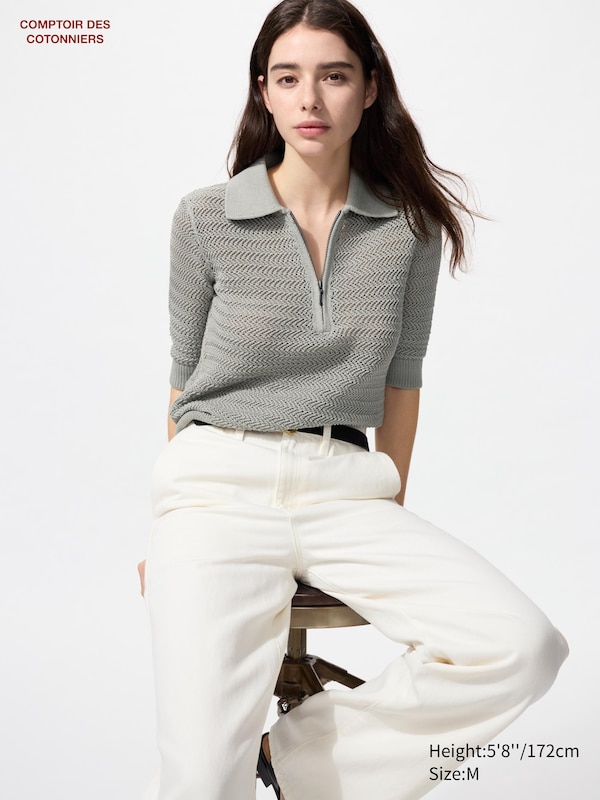 

Хлопковый джемпер-поло с короткими рукавами и открытой молнией Uniqlo, серый