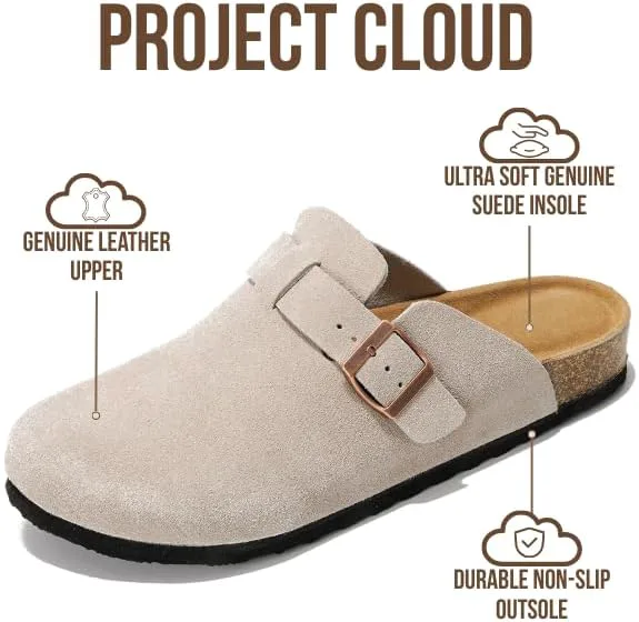 Мужские сабо Project Cloud - 100% натуральная кожа полного зерна, с мягкой подошвой из памяти формы и поддержкой свода стопы, натуральная пробковая стелька - нескользящие домашние тапочки для мужчин (Бруклин), серый