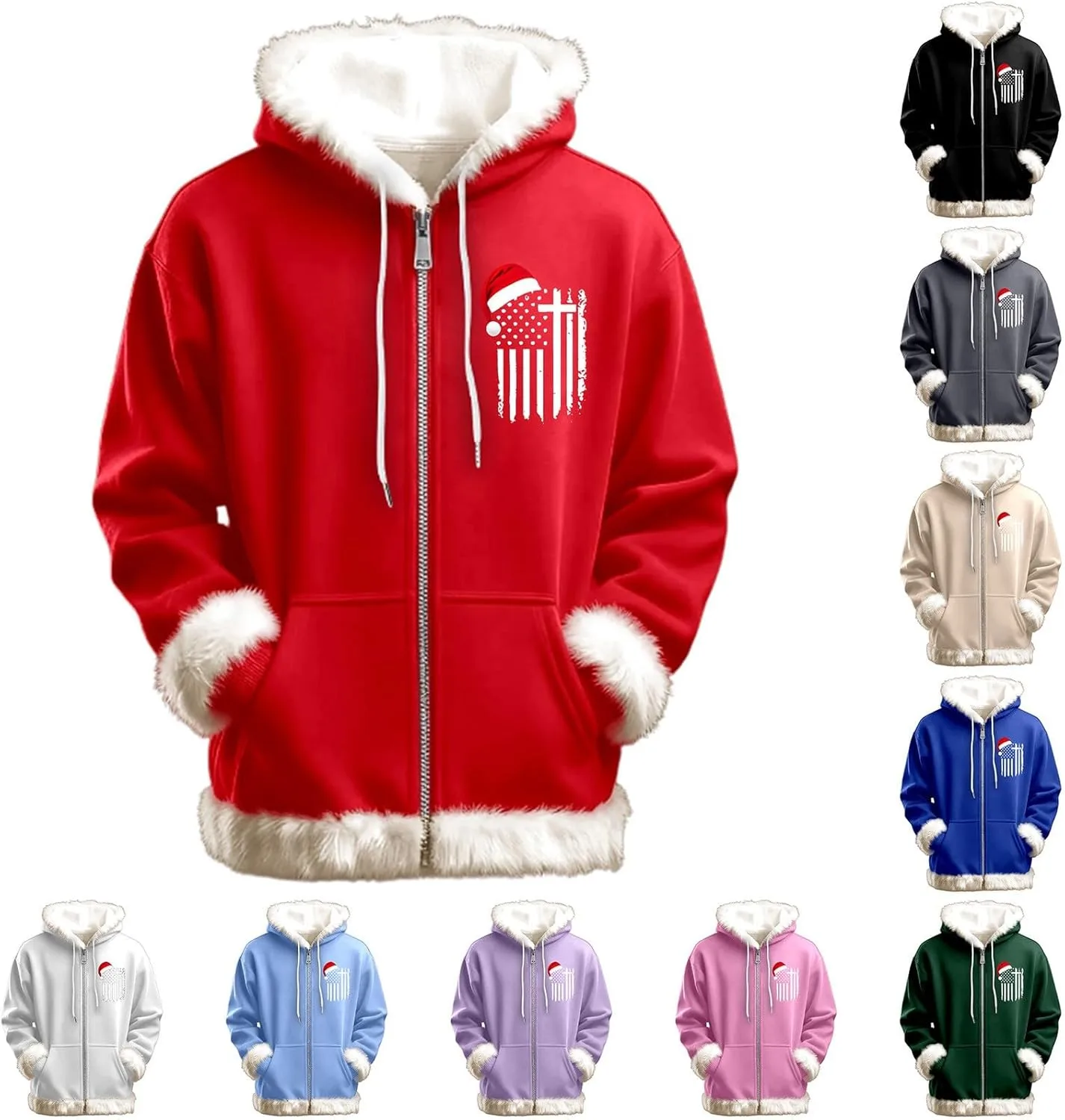 

Мужская рождественская худи на молнии с белым искусственным мехом и карманами HBDHEJL