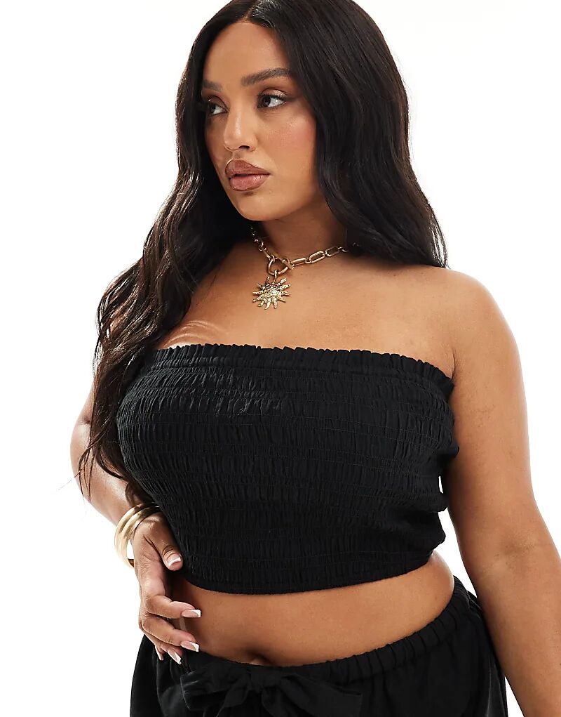 

Пляжный топ-бандо Curve Isabel от ASOS DESIGN, комбинированный, с льняным эффектом, со сборками, черного цвета Asos Curve