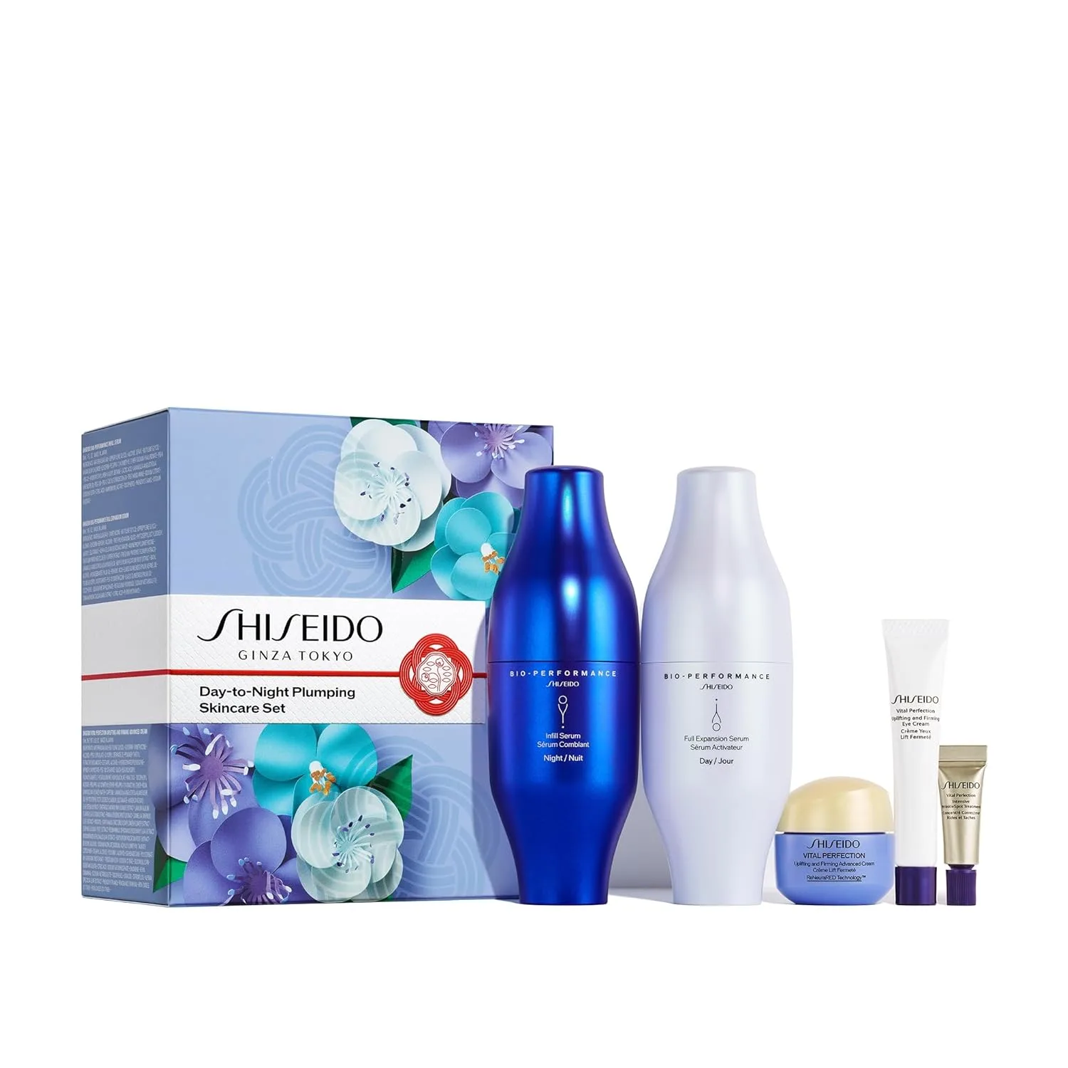 Набор Shiseido Day-to-Night для упругости кожи - сыворотки Bio-Performance Skin Filler (30 мл x2), крем Vital Perfection Advanced (15 мл), крем для глаз (5 мл) и Intensive WrinkleSpot Treatment (2 мл)