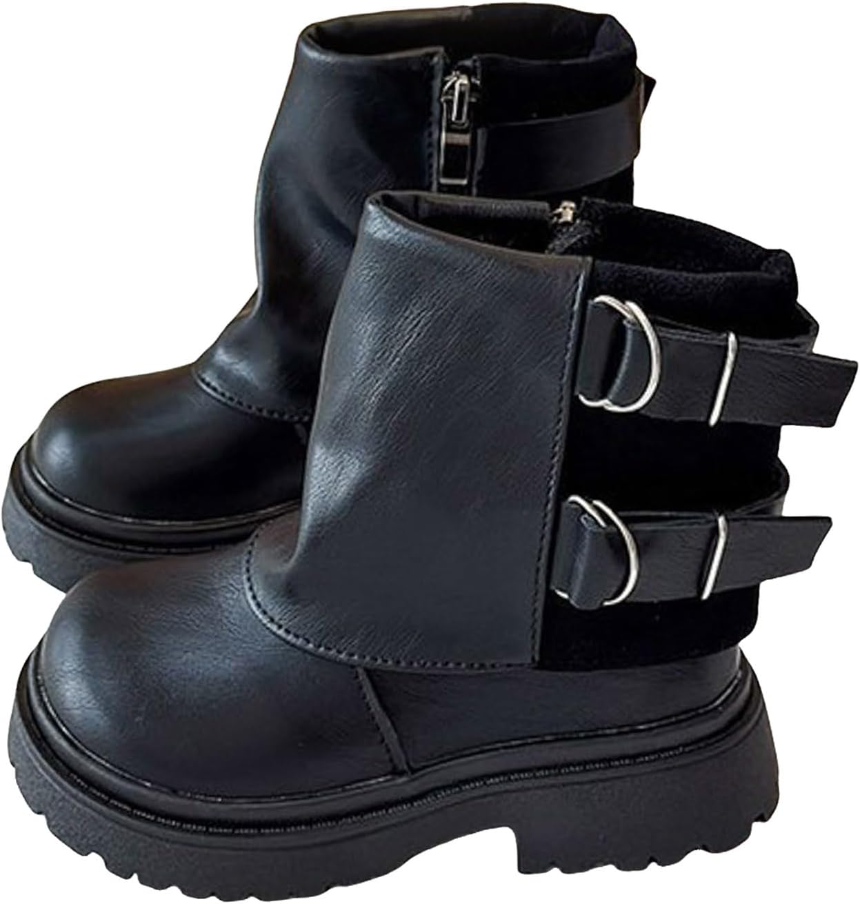 

Детские ботильоны для девочек, зимние кожаные ботинки для малышей, низкий каблук, боковая молния, обувь на толстой подошве с рюшами для осени, нескользящие ботинки для прогулок на улице для маленьких и больших детей Generic, Black