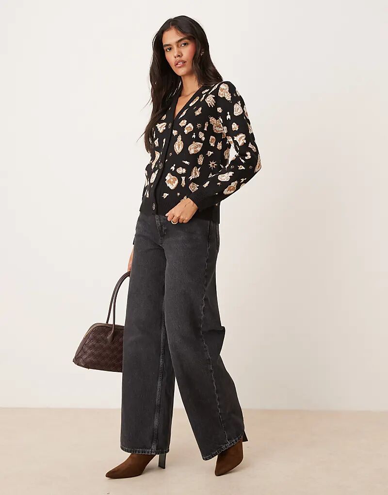 

Жаккардовый кардиган свободного кроя Never Fully Dressed черного и золотого цвета