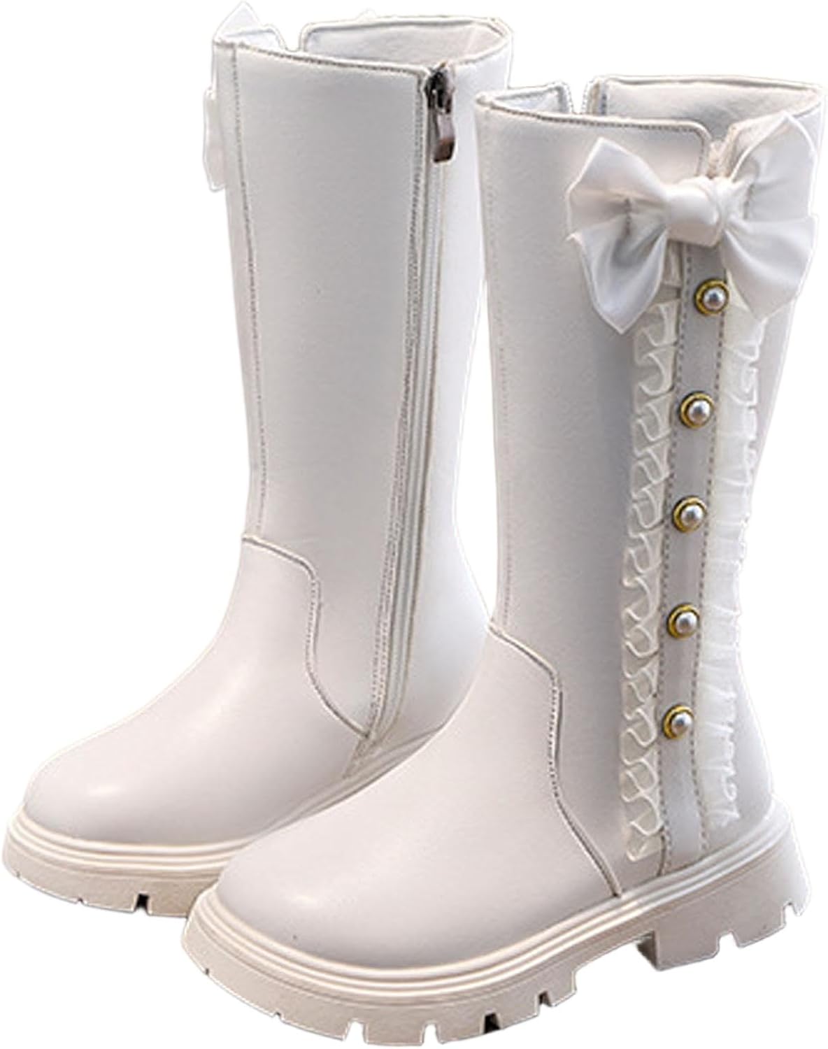 

Девочковые ботинки до колена с боковой молнией, военные, для верховой езды, с жемчужным бантом, с толстым низким каблуком, высокие зимние ботильоны, обувь для платьев Generic, White