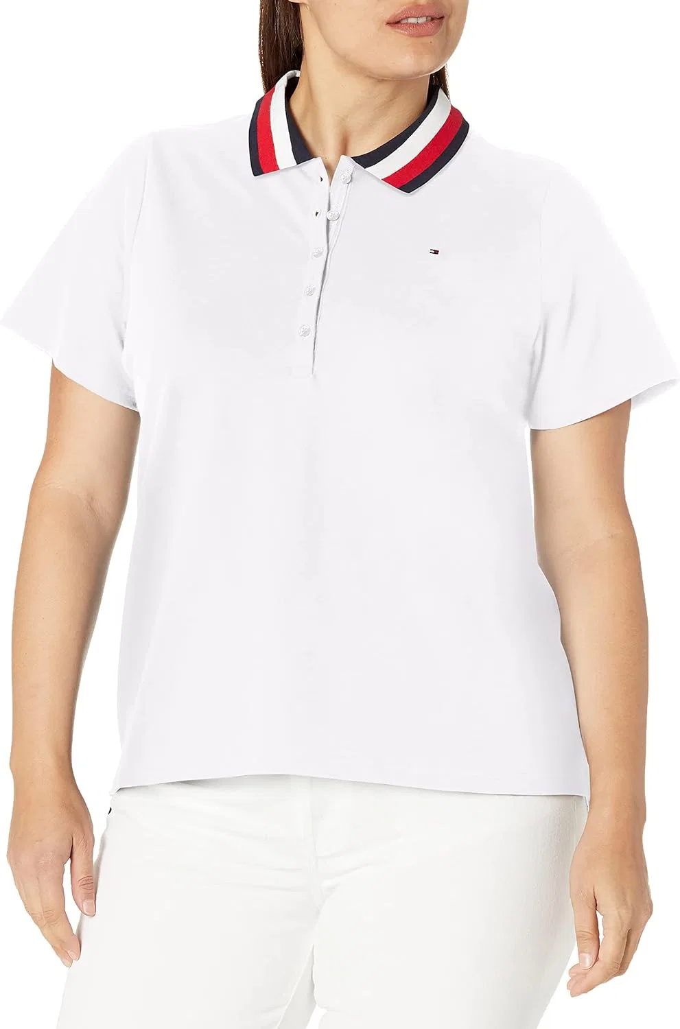 Поло женское, хлопок, Tommy Hilfiger, белый с полосатым воротником