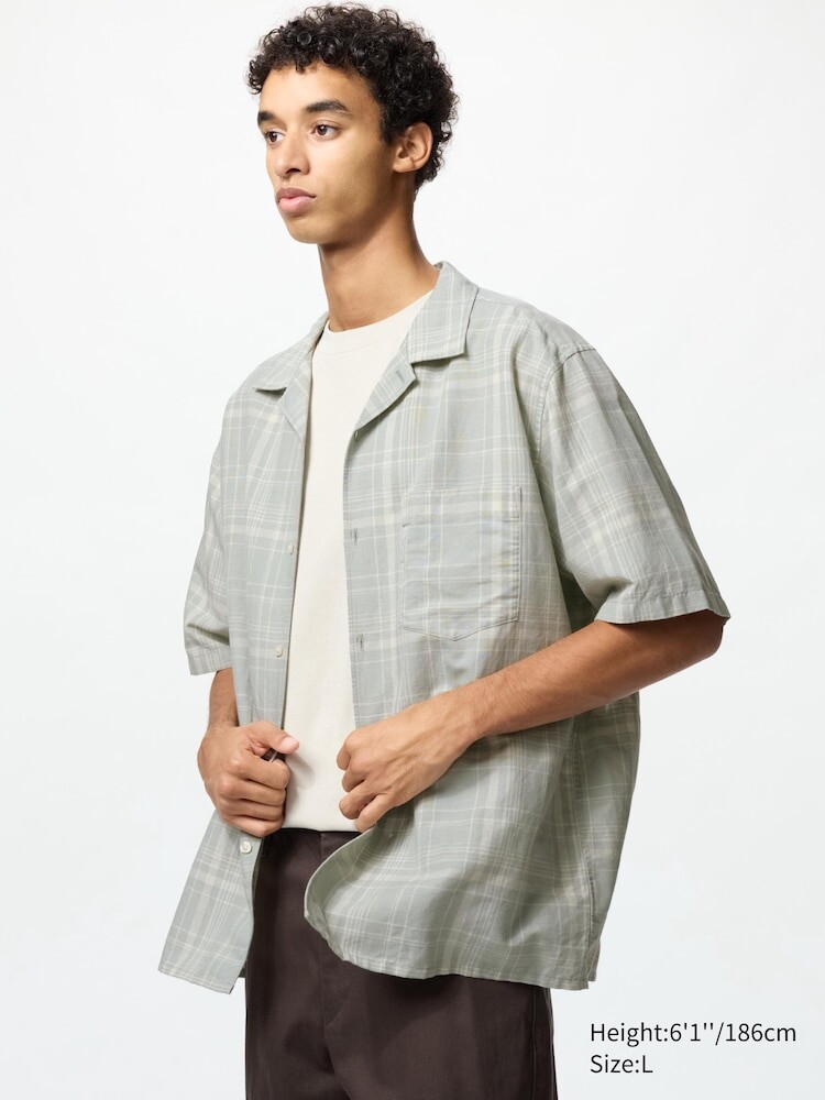

Рубашка из льняной смеси короткий рукав клетчатая Uniqlo, цвет 50 зеленый