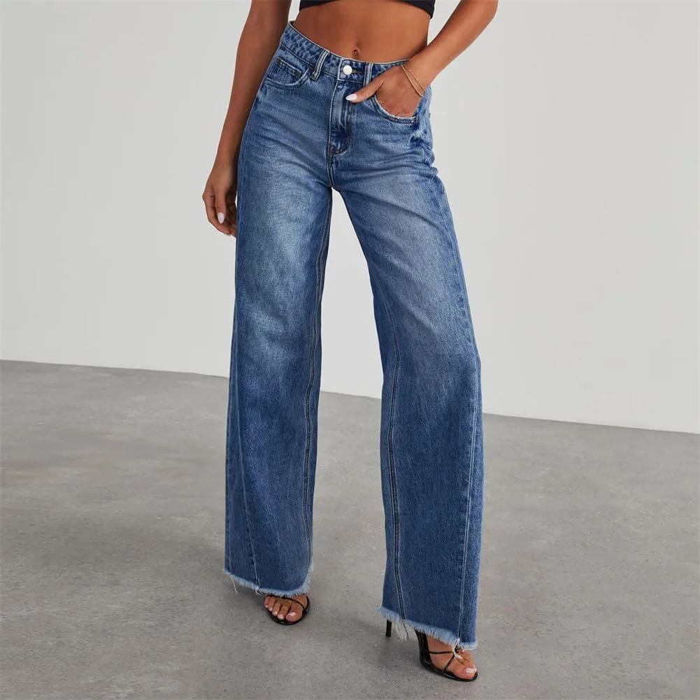 Женские джинсы Wide Leg, Casual High Waisted Plus Size Vintage Wash Stretchy с эффектом контроля живота — фото 4