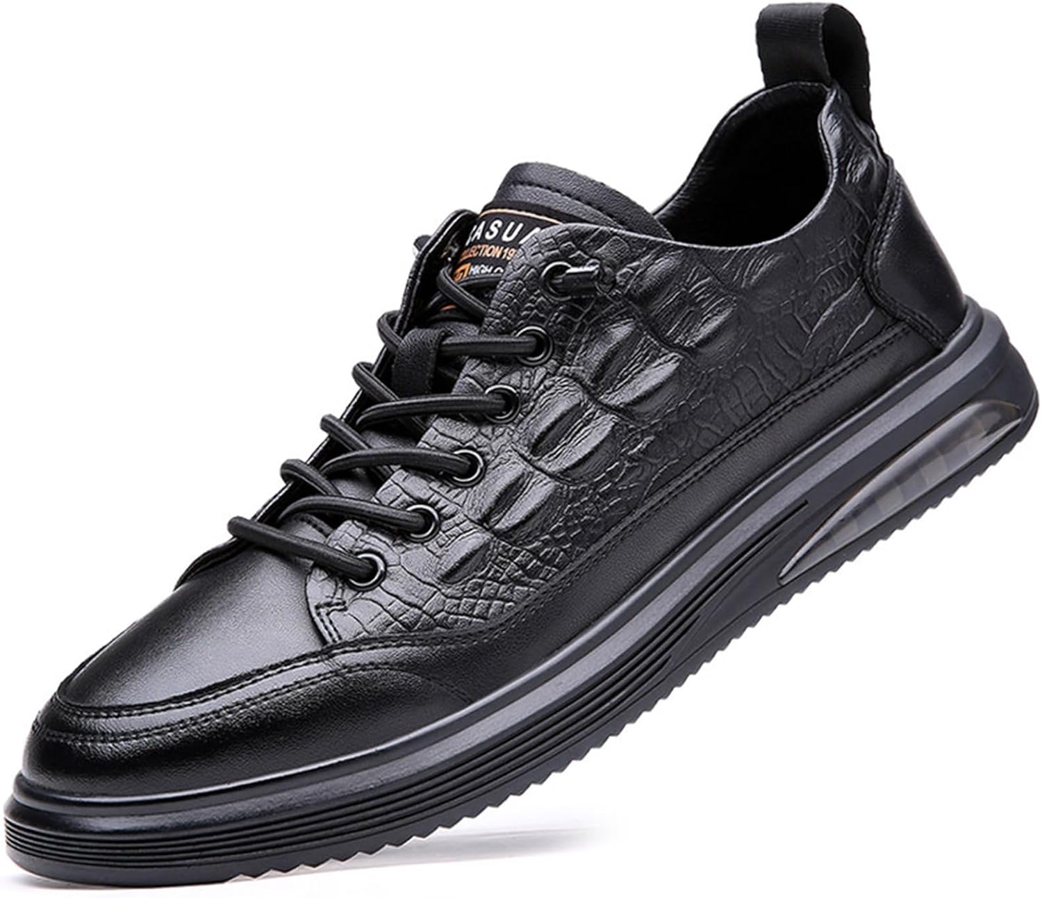 

Мужские стильные кожаные кроссовки с отделкой под крокодила, повседневные с амортизирующей подошвой, мягкой стелькой, удобные шнурованные водонепроницаемые туфли Tokouk, черный