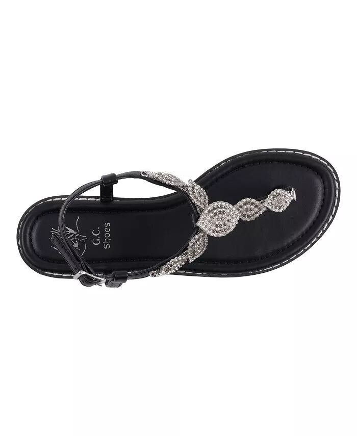 Женские сандалии на плоской подошве с украшением и Т-образным ремешком Cali GC Shoes, черный — фото 4