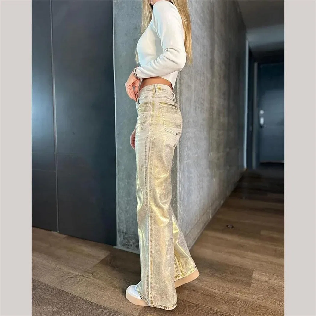 Джинсы металлик Gold, Women High Waist Loose Wide Leg — фото 4
