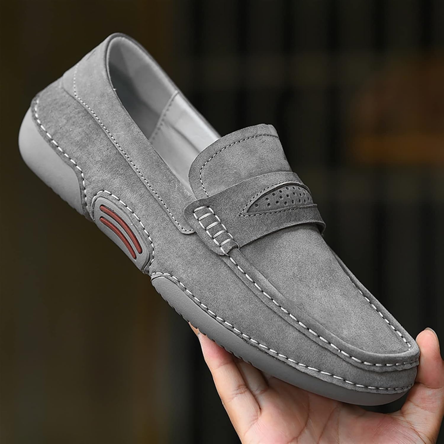 Мужские лоферы WOUND, натуральная кожа, круглый носок, детали с прострочкой, дышащие, плоская подошва, удобные, противоскользящие, на шнурках-слипонах (Цвет: серый, Размер: 10) — фото 4