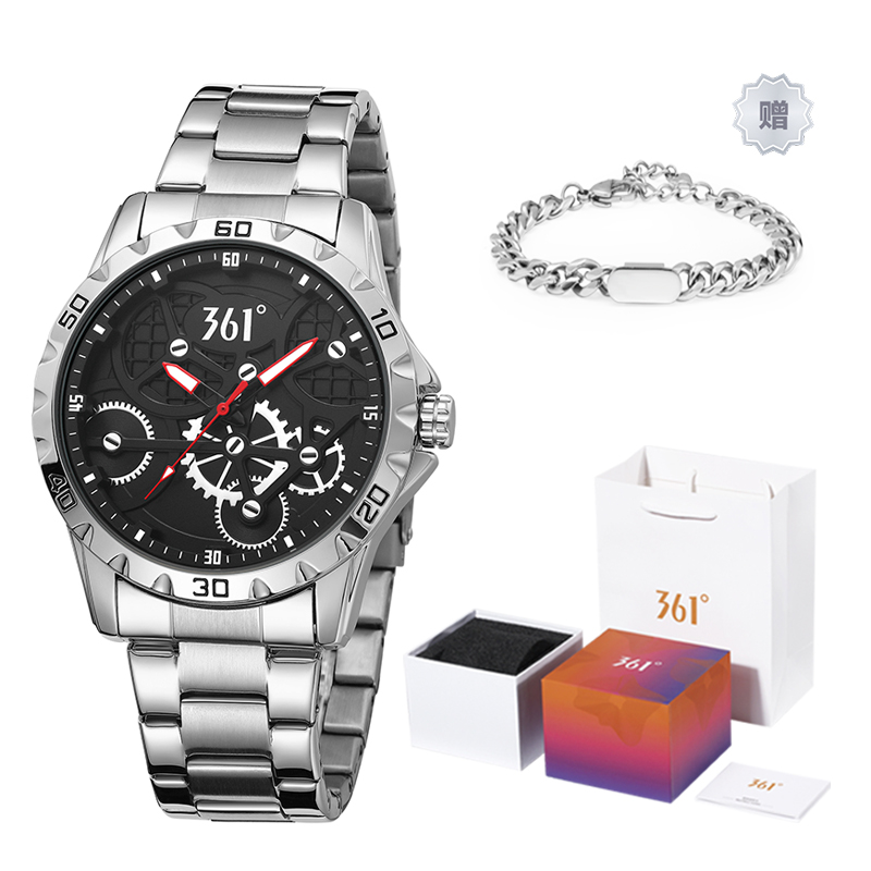 

361° Мужские часы с кварцевым механизмом на стальном ремешке, черный циферблат