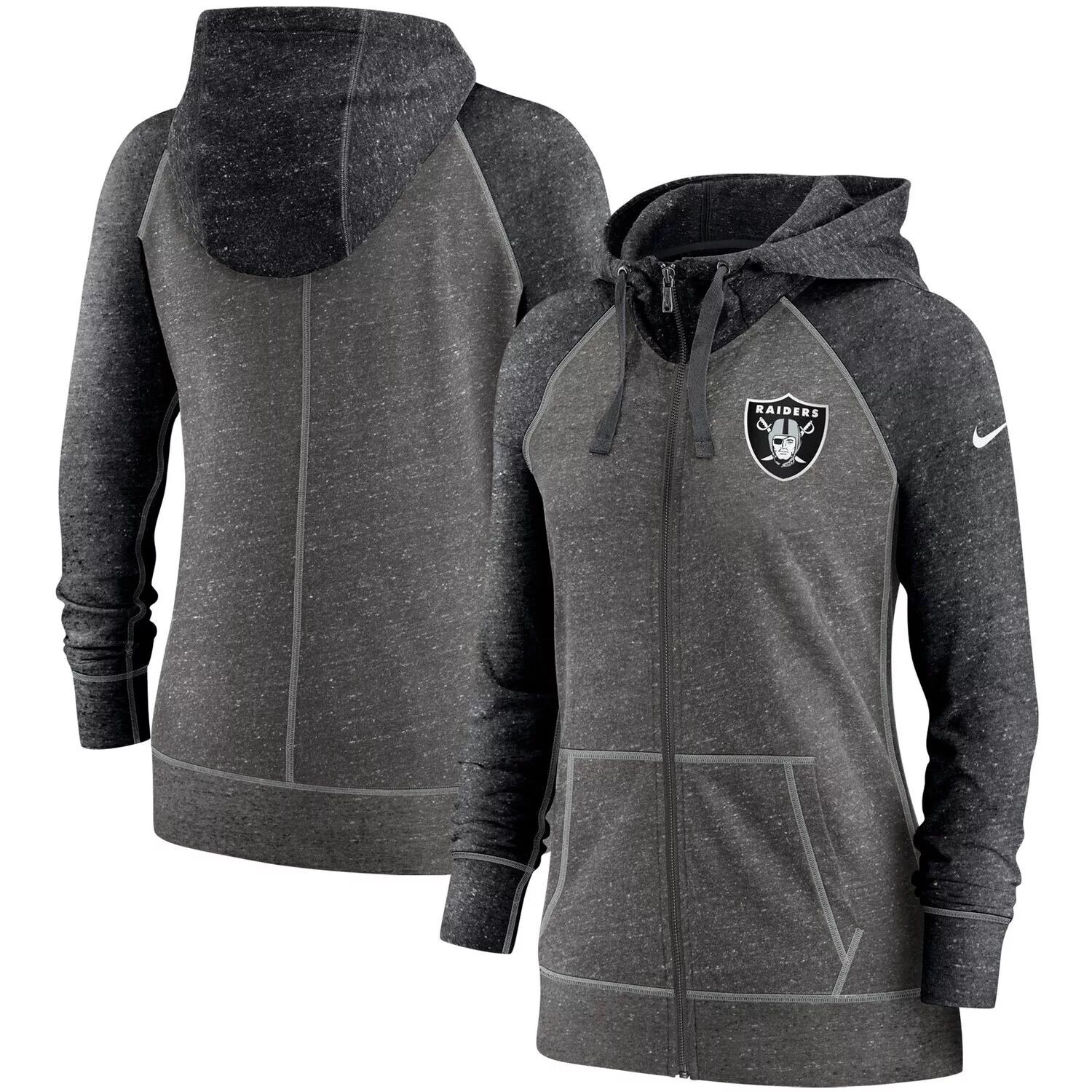 

Женская худи Nike Heathered Charcoal/Black Las Vegas Raiders Gym Vintage с молнией во всю длину реглан Nike