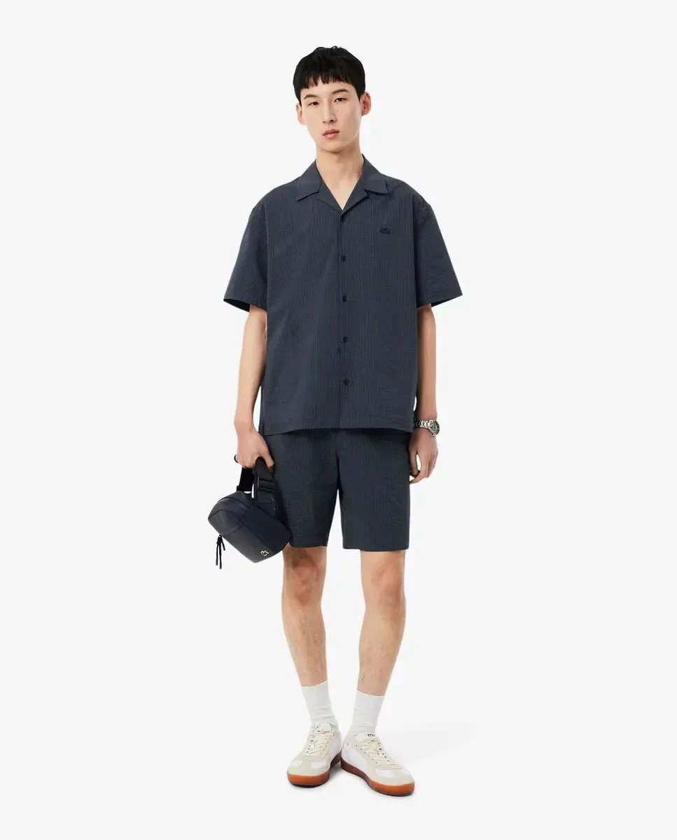 Мужская рубашка свободного кроя из ситца с коротким рукавом Lacoste, черный — фото 4