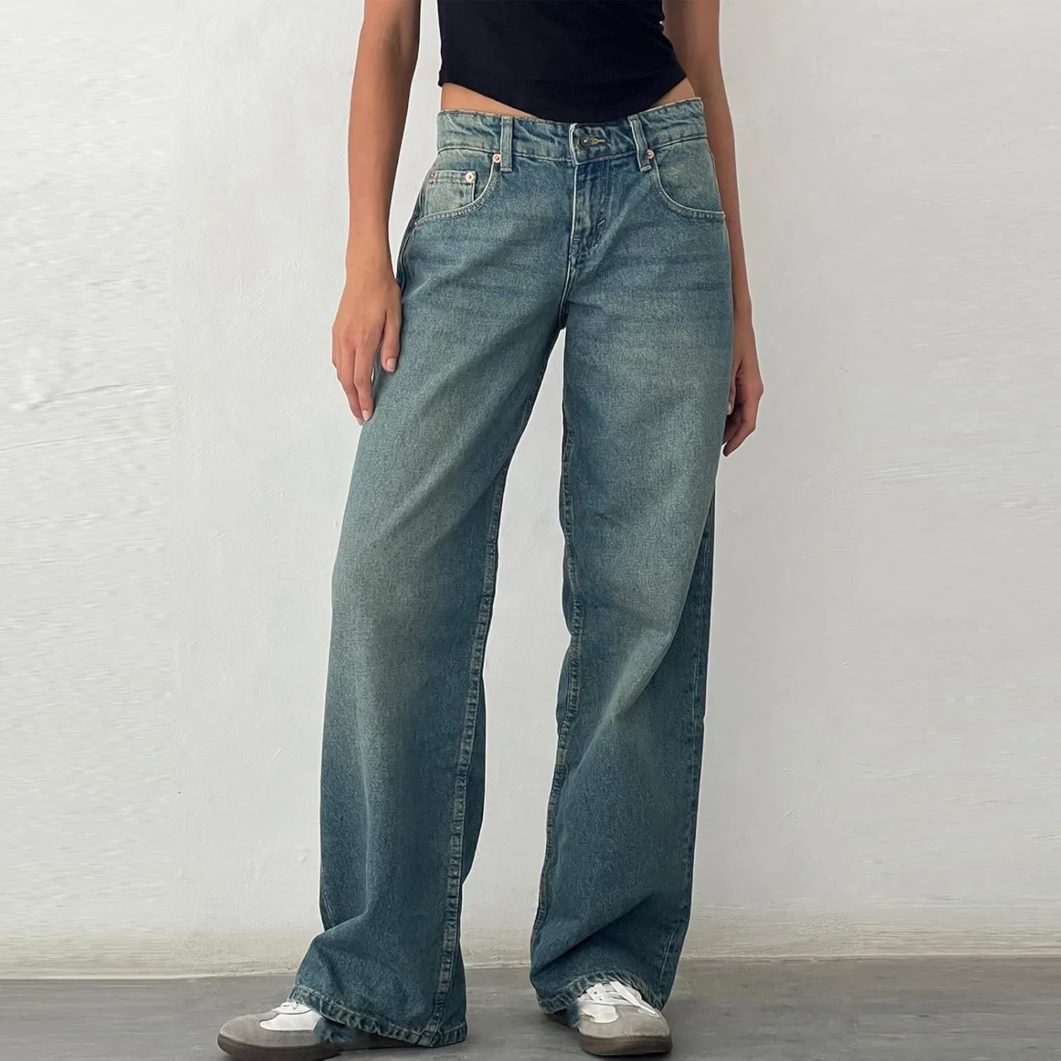 Джинсы прямые свободные, High Waisted, с карманами, синие — фото 2