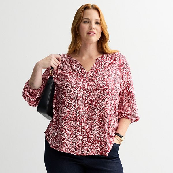

Блузка Plus size с разрезом на горловине и защипами Croft & Barrow, Red Scenic Medallion