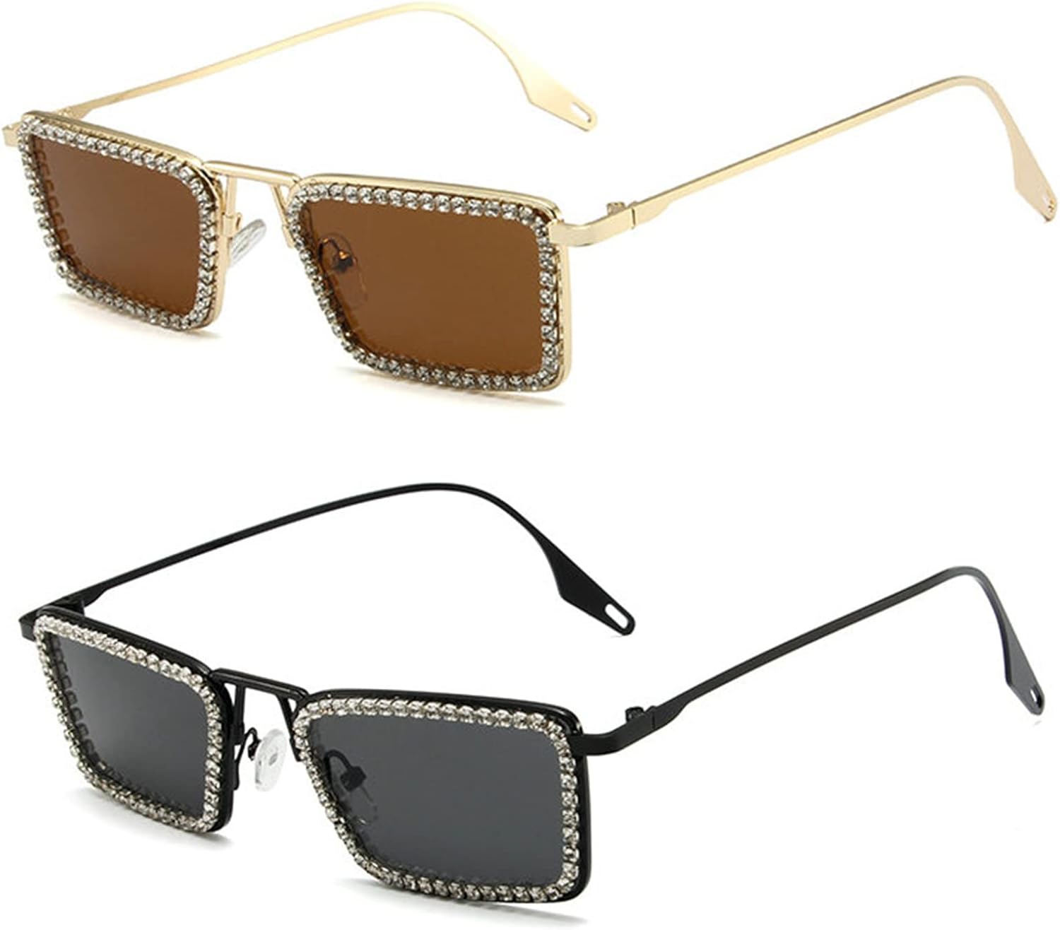 

Солнцезащитные очки Willochra прямоугольной формы со стразами, модные женские, маленькая квадратная оправа, бриллиантовые блестки, для вечеринок, хрустальные солнцезащитные очки, 2pcs-black&brown
