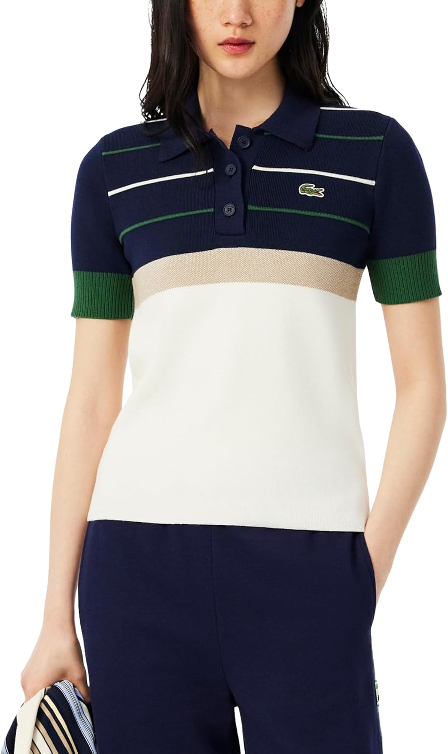 

Женский свитер-поло Lacoste с короткими рукавами и цветными полосками, сделанный во Франции, Lapland/Navy Blue
